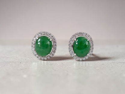 Eternal Sunshine Green Burmese A-Jade Stud Earrings with Diamond Halo and 18K White Gold - Certified - V4