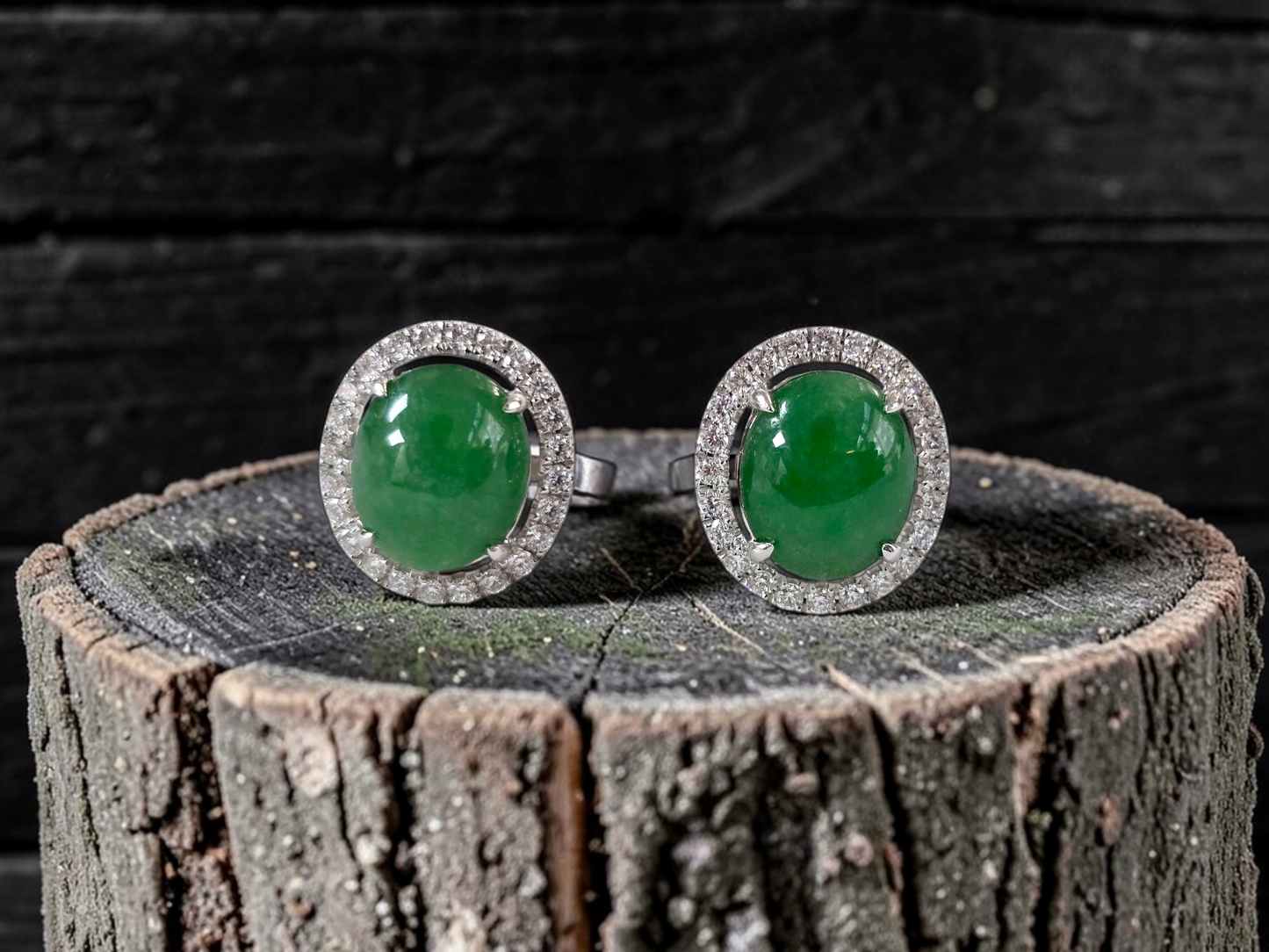 Eternal Sunshine Green Burmese A-Jade Stud Earrings with Diamond Halo and 18K White Gold - Certified - V4