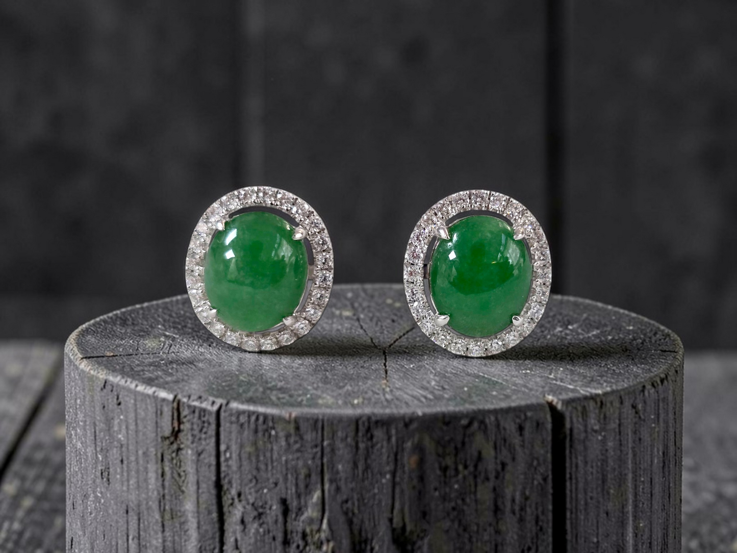 Eternal Sunshine Green Burmese A-Jade Stud Earrings with Diamond Halo and 18K White Gold - Certified - V4