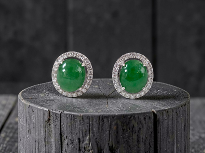 Eternal Sunshine Green Burmese A-Jade Stud Earrings with Diamond Halo and 18K White Gold - Certified - V4