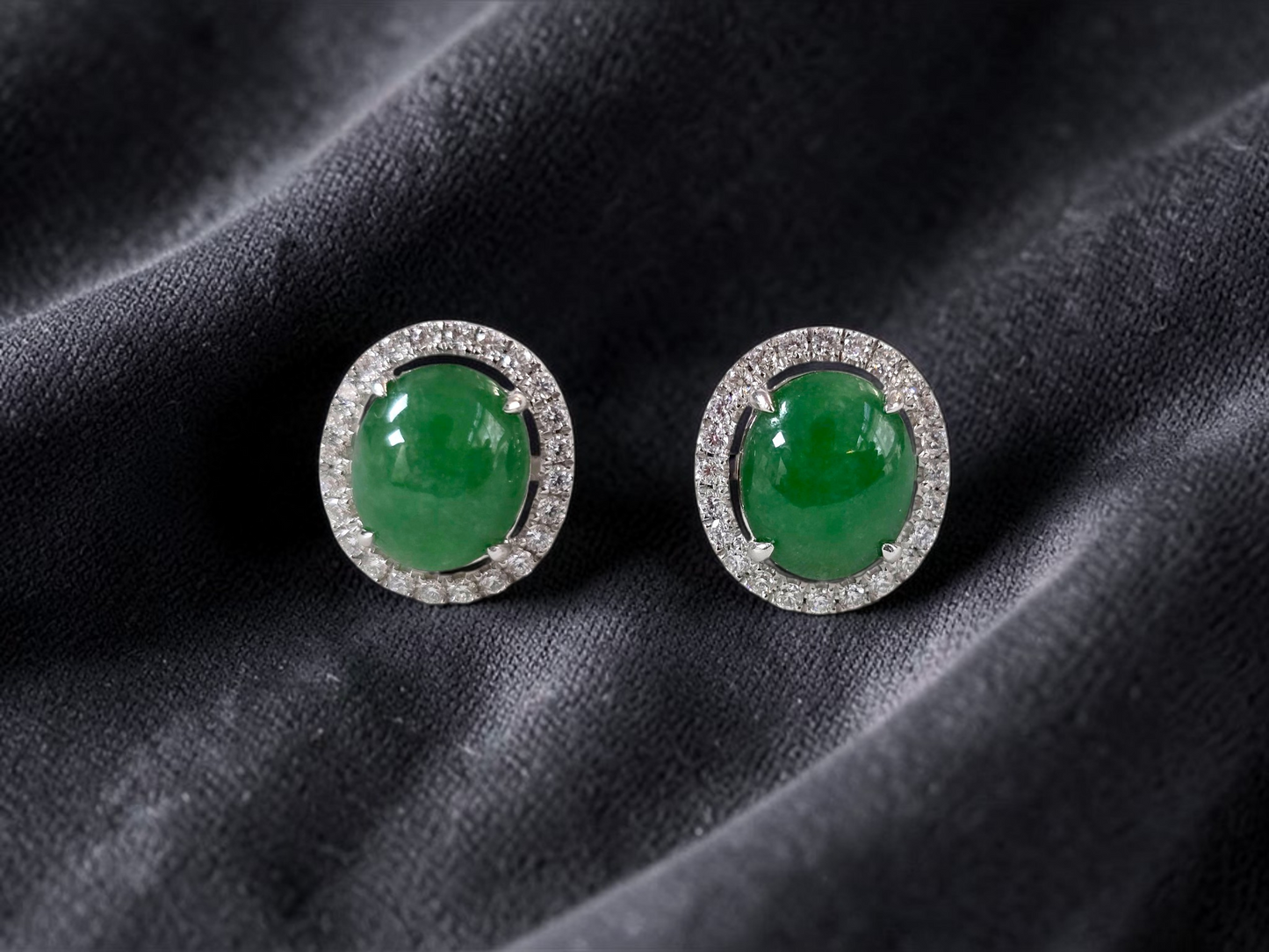 Eternal Sunshine Green Burmese A-Jade Stud Earrings with Diamond Halo and 18K White Gold - Certified - V4