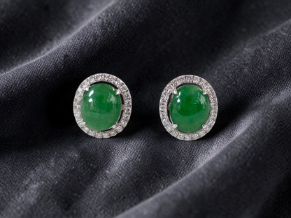Eternal Sunshine Green Burmese A-Jade Stud Earrings with Diamond Halo and 18K White Gold - Certified - V4