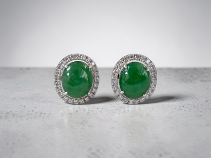 Eternal Sunshine Green Burmese A-Jade Stud Earrings with Diamond Halo and 18K White Gold - Certified - V4