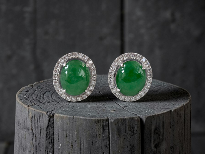 Eternal Sunshine Green Burmese A-Jade Stud Earrings with Diamond Halo and 18K White Gold - Certified - V4