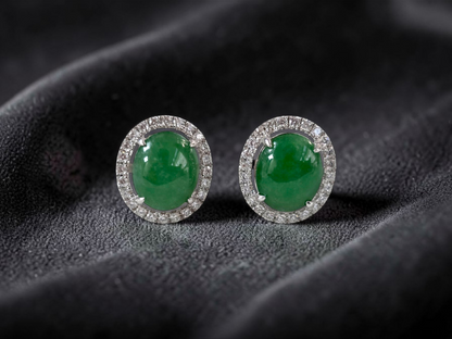 Eternal Sunshine Green Burmese A-Jade Stud Earrings with Diamond Halo and 18K White Gold - Certified - V4