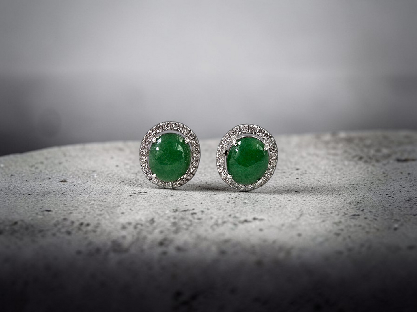 Eternal Sunshine Green Burmese A-Jade Stud Earrings with Diamond Halo and 18K White Gold - Certified - V4