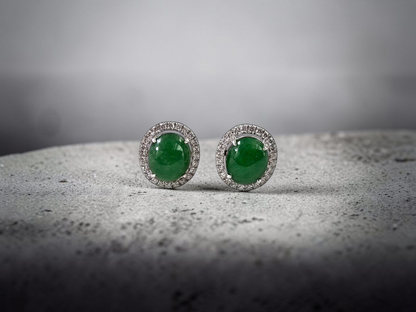 Eternal Sunshine Green Burmese A-Jade Stud Earrings with Diamond Halo and 18K White Gold - Certified - V4