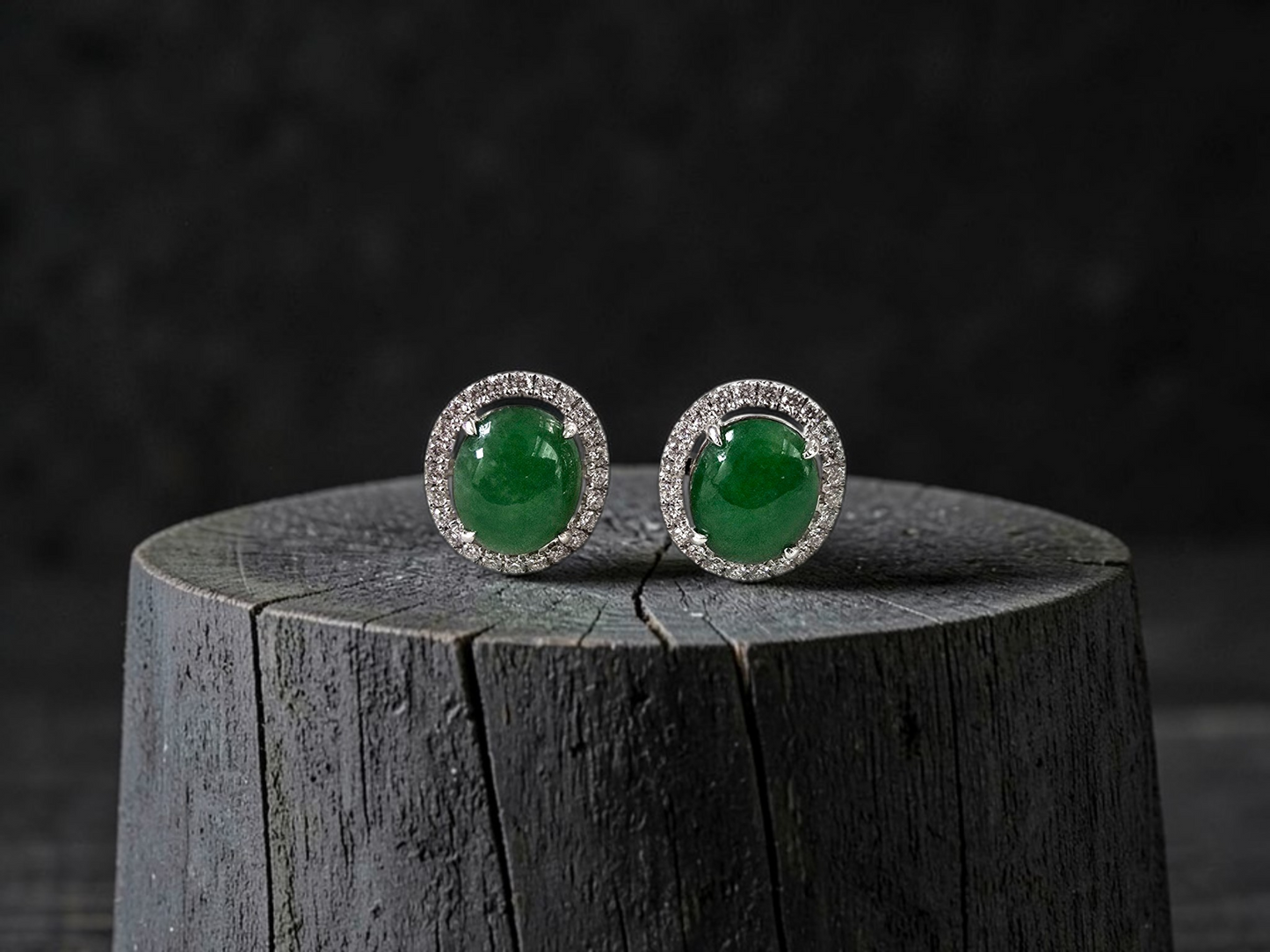 Eternal Sunshine Green Burmese A-Jade Stud Earrings with Diamond Halo and 18K White Gold - Certified - V4