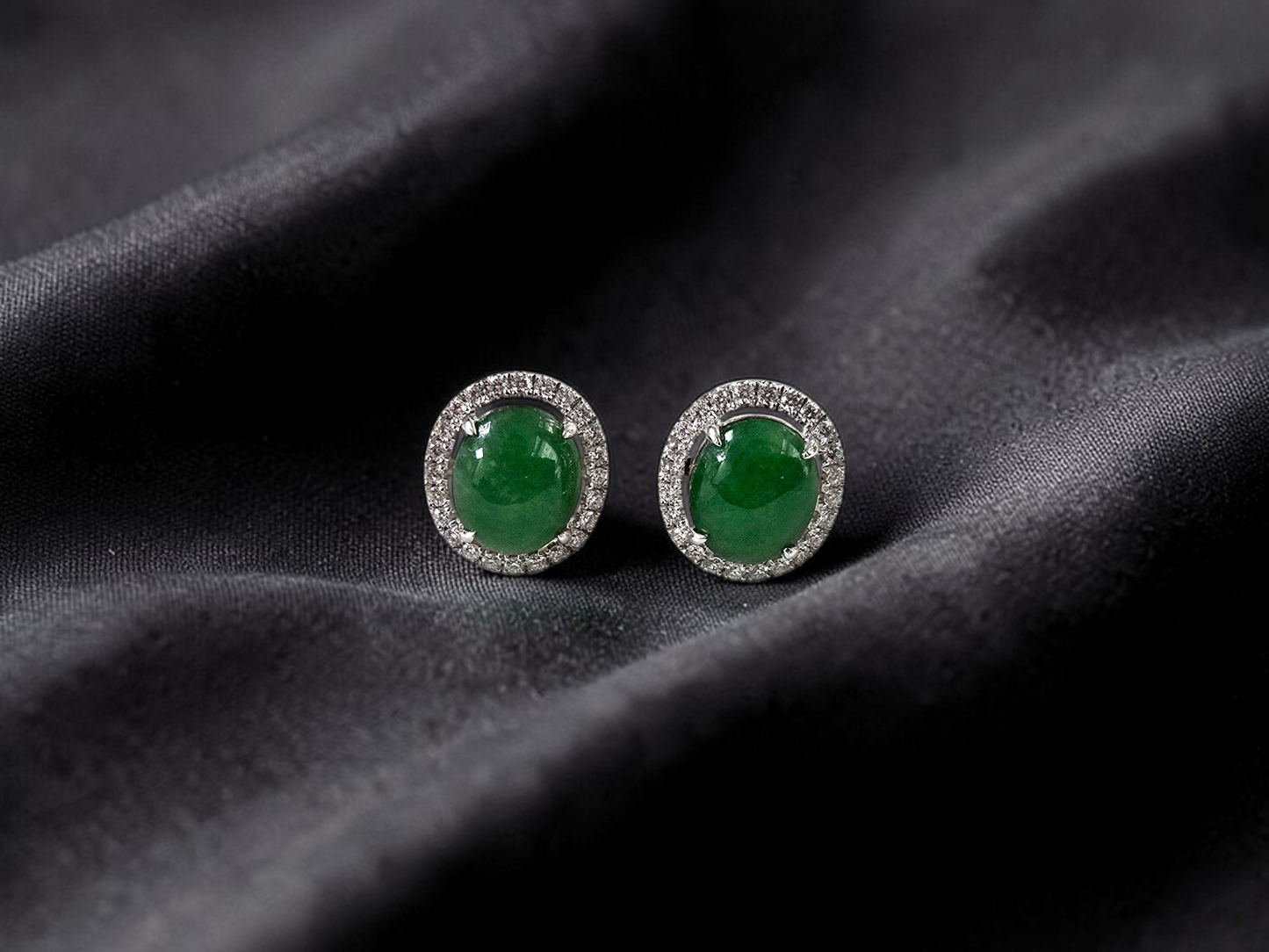 Eternal Sunshine Green Burmese A-Jade Stud Earrings with Diamond Halo and 18K White Gold - Certified - V4