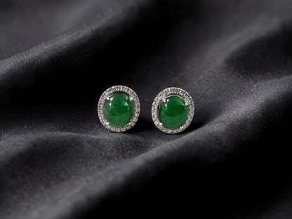 Eternal Sunshine Green Burmese A-Jade Stud Earrings with Diamond Halo and 18K White Gold - Certified - V4