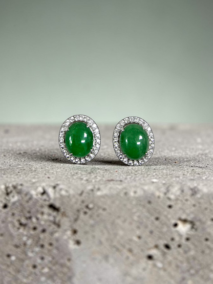 Eternal Sunshine Green Burmese A-Jade Stud Earrings with Diamond Halo and 18K White Gold - Certified - V4
