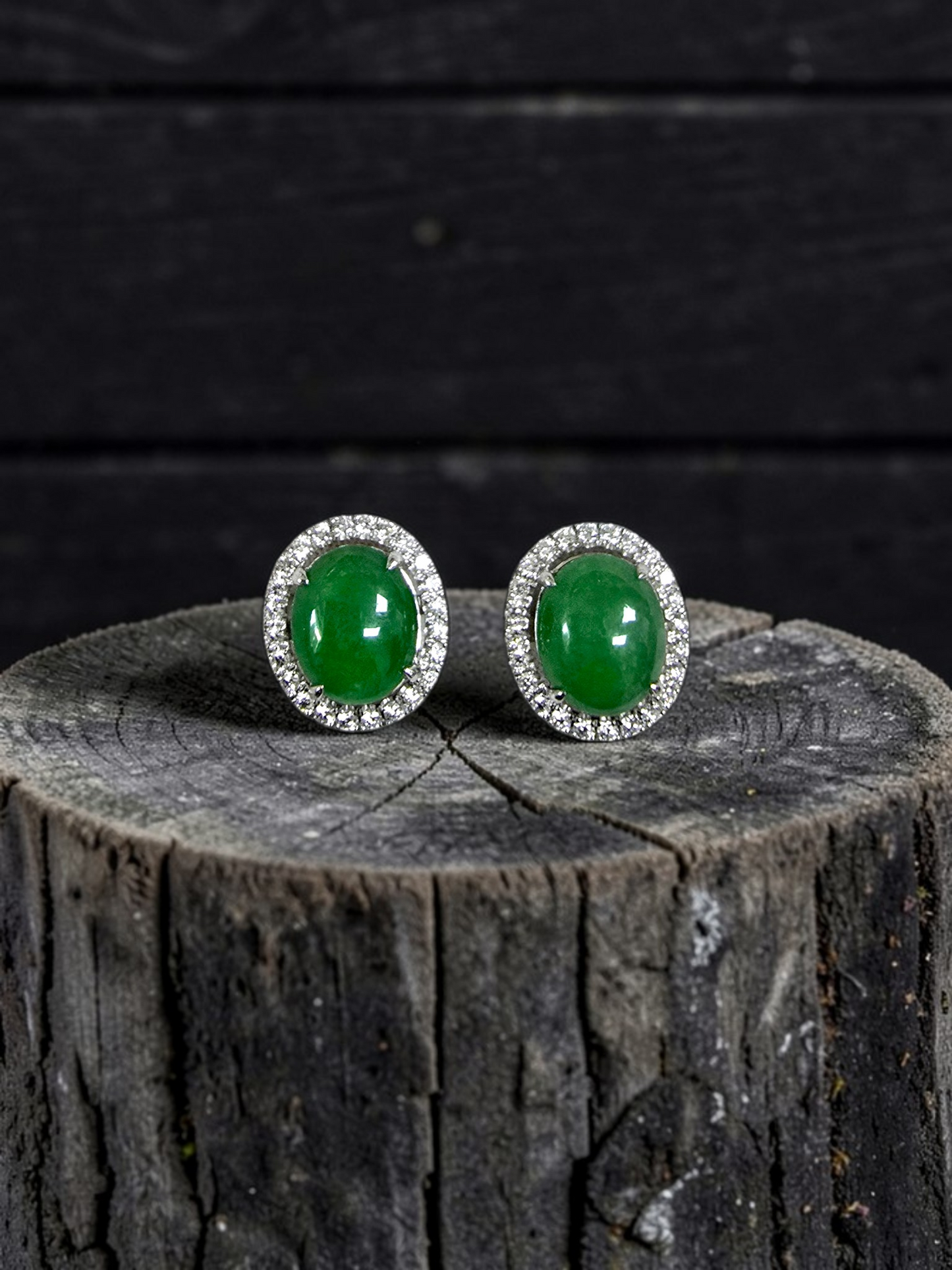 Eternal Sunshine Green Burmese A-Jade Stud Earrings with Diamond Halo and 18K White Gold - Certified - V4