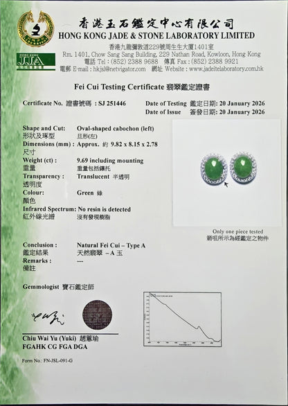 Eternal Sunshine Green Burmese A-Jade Stud Earrings with Diamond Halo and 18K White Gold - Certified - V4