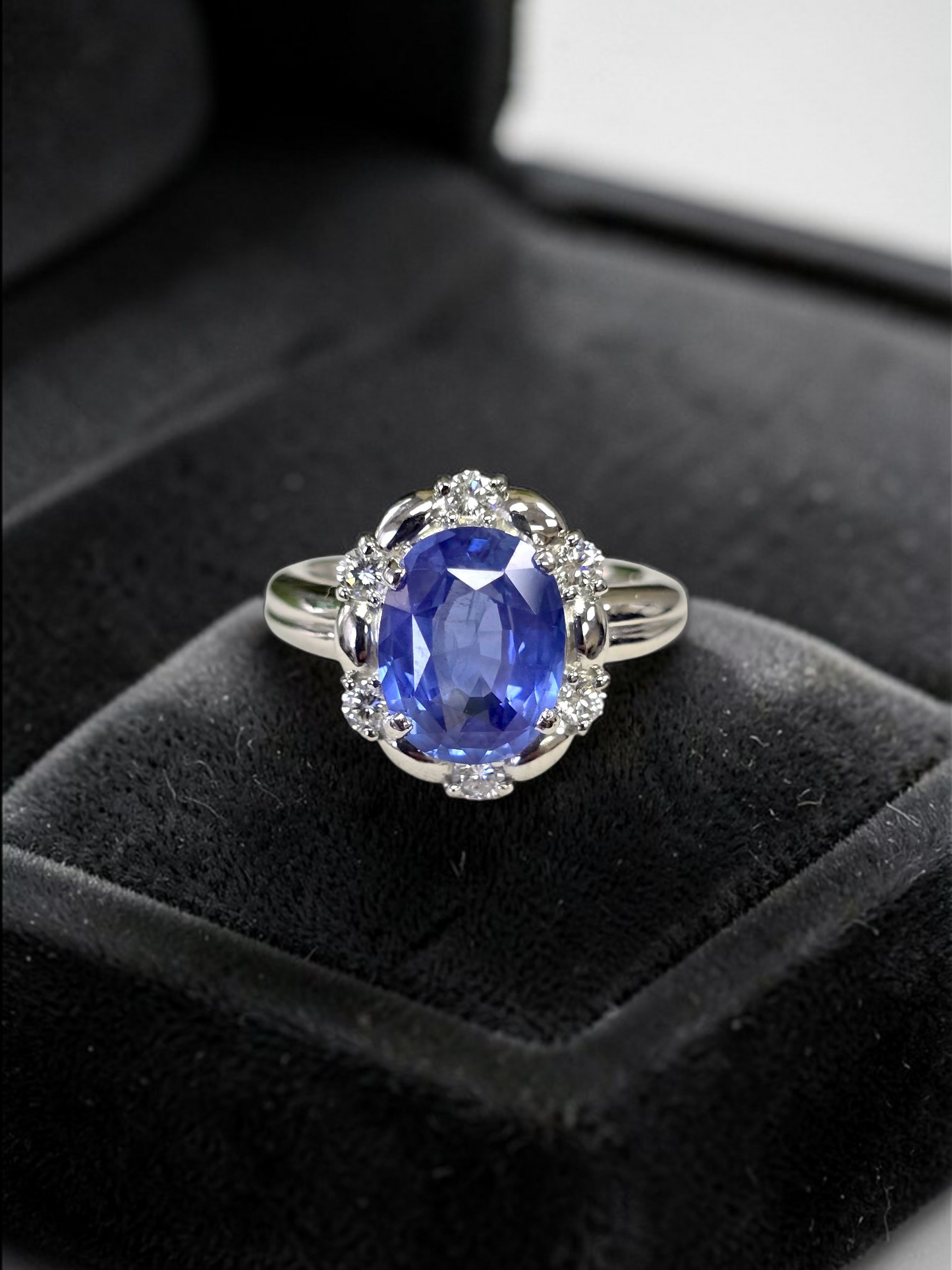 Toyohashi MADE IN JAPAN Certified Oval Shaped 3.17 cts. Cornflower Blue Sapphire Ring with Platinum 900 and White Diamonds Size US5 - R10