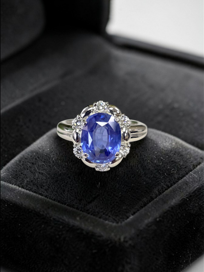 Toyohashi MADE IN JAPAN Certified Oval Shaped 3.17 cts. Cornflower Blue Sapphire Ring with Platinum 900 and White Diamonds Size US5 - R10