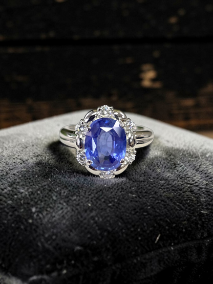 Toyohashi MADE IN JAPAN Certified Oval Shaped 3.17 cts. Cornflower Blue Sapphire Ring with Platinum 900 and White Diamonds Size US5 - R10