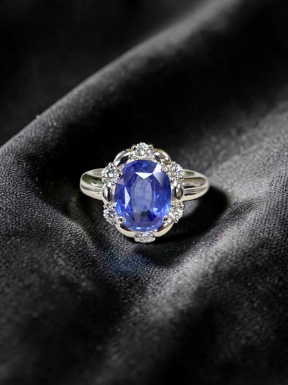 Toyohashi MADE IN JAPAN Certified Oval Shaped 3.17 cts. Cornflower Blue Sapphire Ring with Platinum 900 and White Diamonds Size US5 - R10