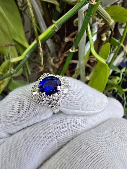 Okazaki MADE IN JAPAN Certified Oval Shaped 2.72 cts. Natural Royal Blue Sapphire Ring with Platinum 900 and White Diamonds Size US5  - R11