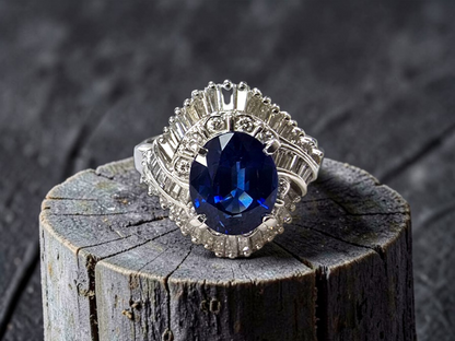 Okazaki MADE IN JAPAN Certified Oval Shaped 2.72 cts. Natural Royal Blue Sapphire Ring with Platinum 900 and White Diamonds Size US5  - R11