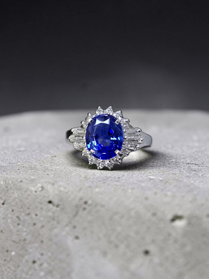 Ichinomiya MADE IN JAPAN Certified Oval Shaped 1.93 cts. Natural Blue Sapphire Ring with Platinum 900 and White Diamonds Size US6.5  - R12
