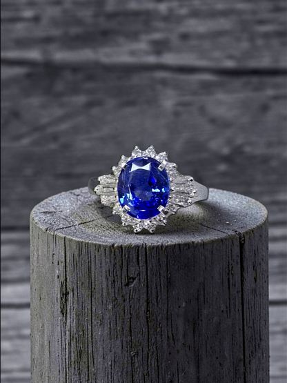 Ichinomiya MADE IN JAPAN Certified Oval Shaped 1.93 cts. Natural Blue Sapphire Ring with Platinum 900 and White Diamonds Size US6.5  - R12