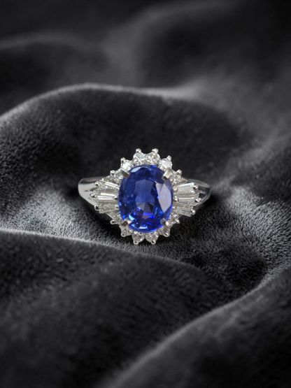 Ichinomiya MADE IN JAPAN Certified Oval Shaped 1.93 cts. Natural Blue Sapphire Ring with Platinum 900 and White Diamonds Size US6.5  - R12