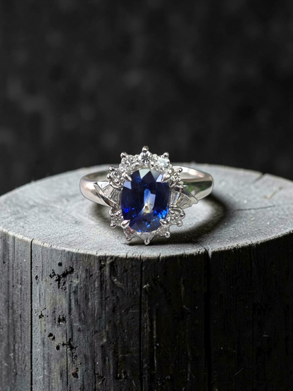 Seto MADE IN JAPAN Certified Oval Shaped 1.80 cts. Natural Deep Blue Sapphire Ring with Platinum 900 and White Diamonds Size US5.5  - R13