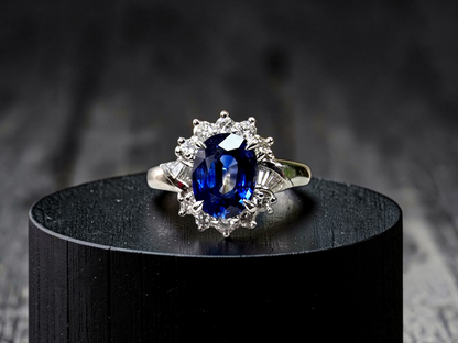 Seto MADE IN JAPAN Certified Oval Shaped 1.80 cts. Natural Deep Blue Sapphire Ring with Platinum 900 and White Diamonds Size US5.5  - R13