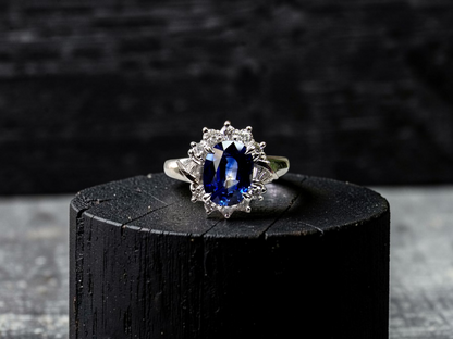 Seto MADE IN JAPAN Certified Oval Shaped 1.80 cts. Natural Deep Blue Sapphire Ring with Platinum 900 and White Diamonds Size US5.5  - R13