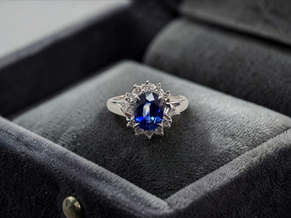 Seto MADE IN JAPAN Certified Oval Shaped 1.80 cts. Natural Deep Blue Sapphire Ring with Platinum 900 and White Diamonds Size US5.5  - R13