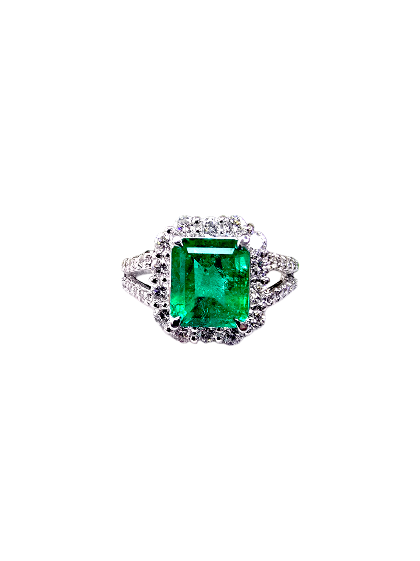 Handa MADE IN JAPAN Certified 2.34 cts. Minor Oil Vivid Green Columbian Emerald Ring with Platinum 900 and White Diamonds Size US6  - R14