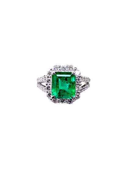 Handa MADE IN JAPAN Certified 2.34 cts. Minor Oil Vivid Green Columbian Emerald Ring with Platinum 900 and White Diamonds Size US6  - R14