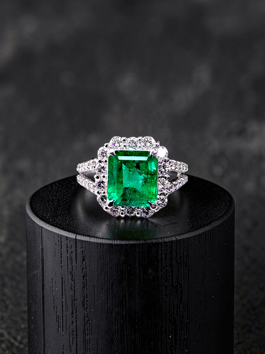 Handa MADE IN JAPAN Certified 2.34 cts. Minor Oil Vivid Green Columbian Emerald Ring with Platinum 900 and White Diamonds Size US6  - R14