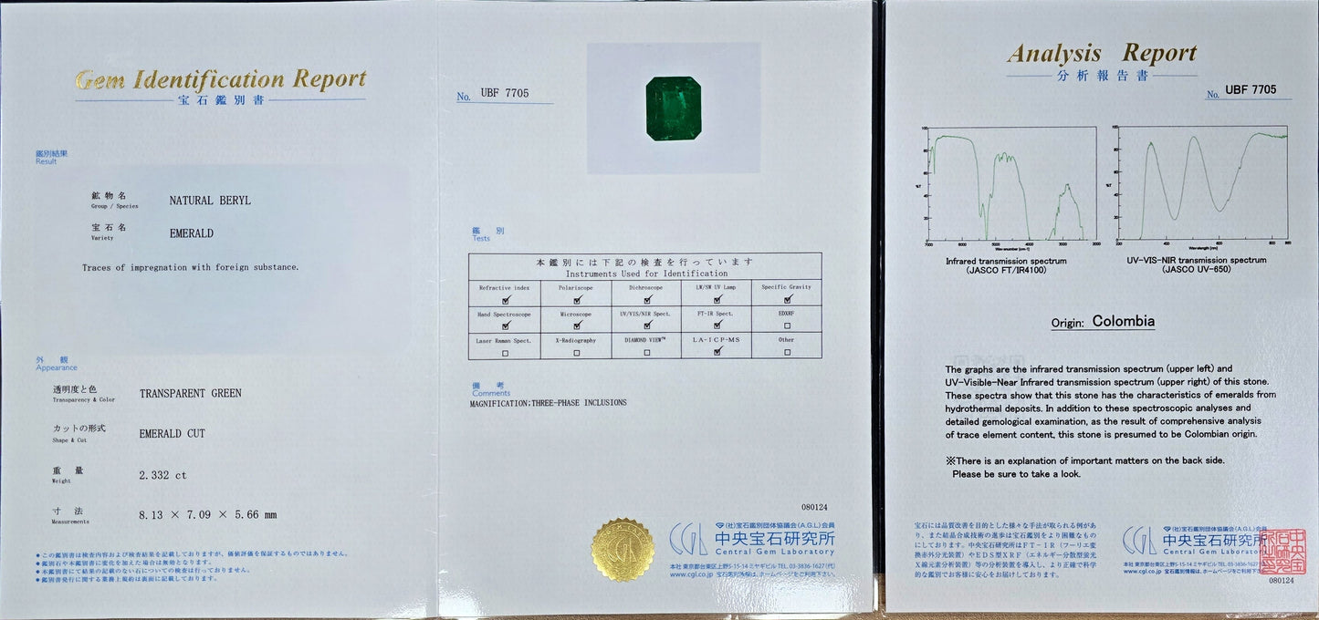 Handa MADE IN JAPAN Certified 2.34 cts. Minor Oil Vivid Green Columbian Emerald Ring with Platinum 900 and White Diamonds Size US6  - R14