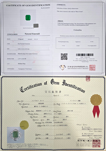 Nishio MADE IN JAPAN Certified 3.51 cts. Muzo Vivid Green Columbian Emerald Ring with Platinum 900 and White Diamonds Size US6  - R16