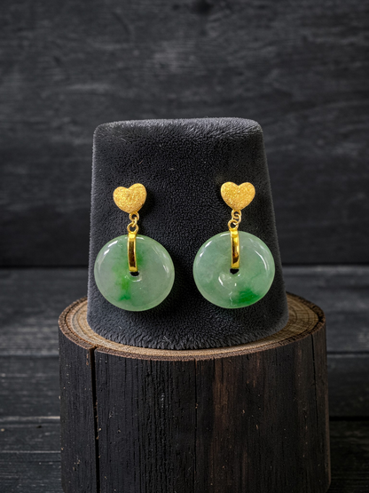 Anjo Dangling Donut Icy Green Burmese A-Jade Earrings (with 18K Yellow Gold) - Certified