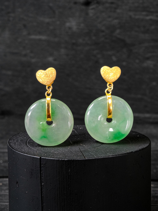 Anjo Dangling Donut Icy Green Burmese A-Jade Earrings (with 18K Yellow Gold) - Certified