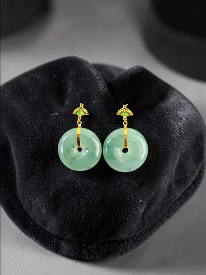 Gamagori Dangling Donut Icy Green Burmese A-Jade French Hook Earrings (with 18K Yellow Gold) - Certified