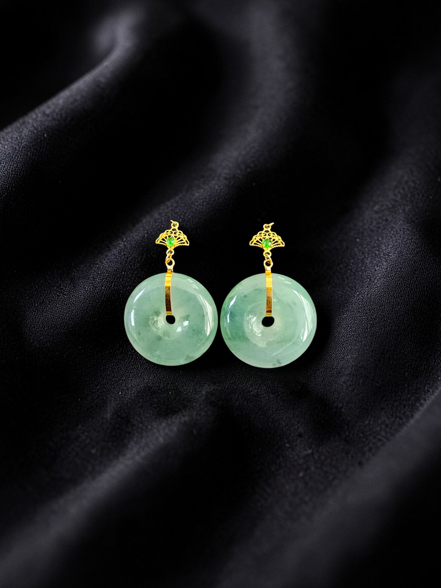Gamagori Dangling Donut Icy Green Burmese A-Jade French Hook Earrings (with 18K Yellow Gold) - Certified