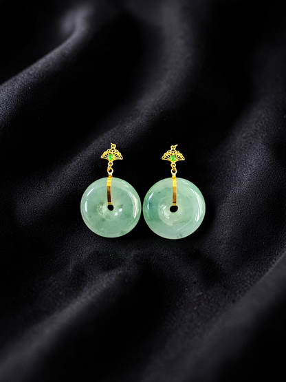 Gamagori Dangling Donut Icy Green Burmese A-Jade French Hook Earrings (with 18K Yellow Gold) - Certified
