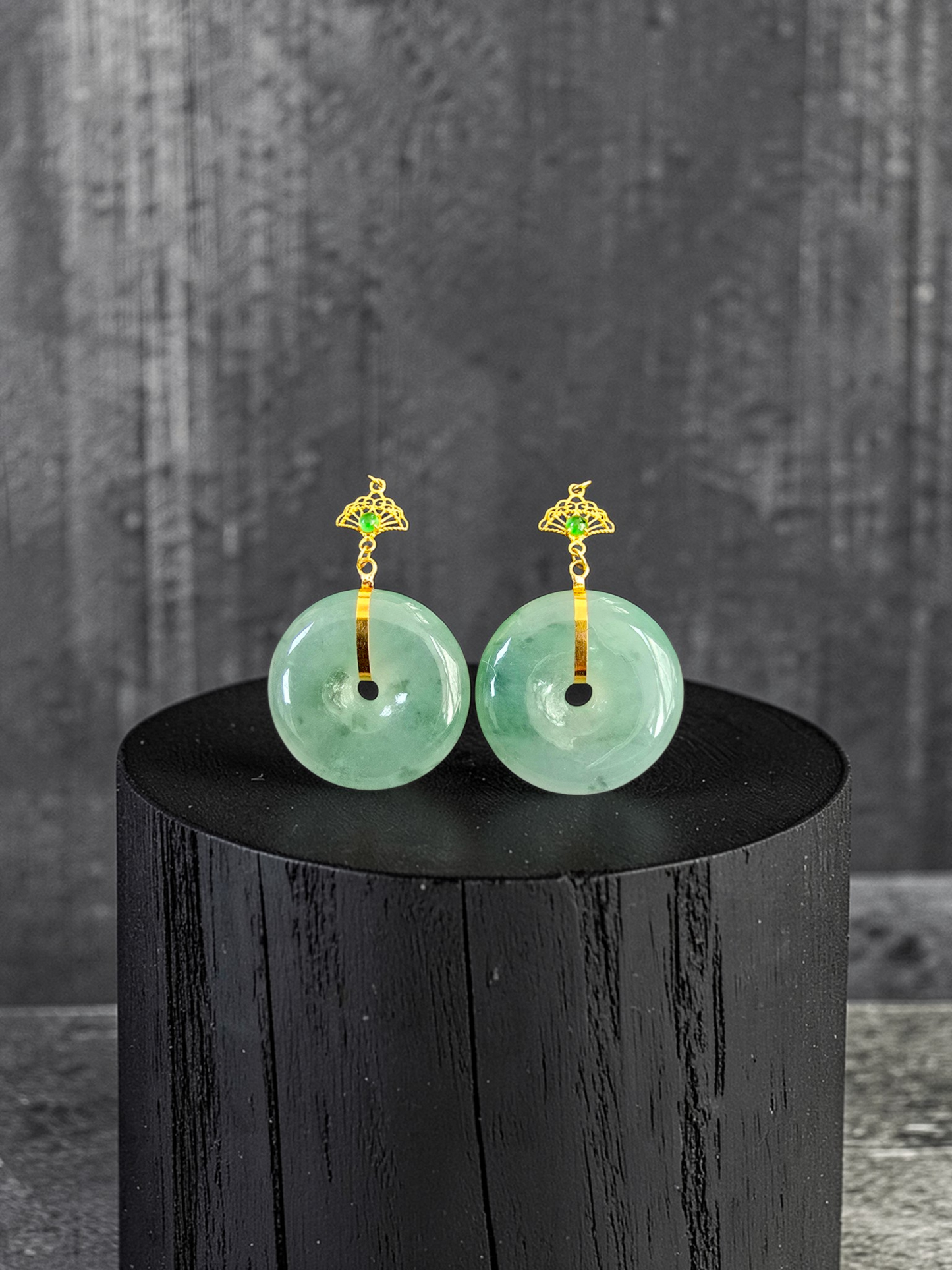 Gamagori Dangling Donut Icy Green Burmese A-Jade French Hook Earrings (with 18K Yellow Gold) - Certified