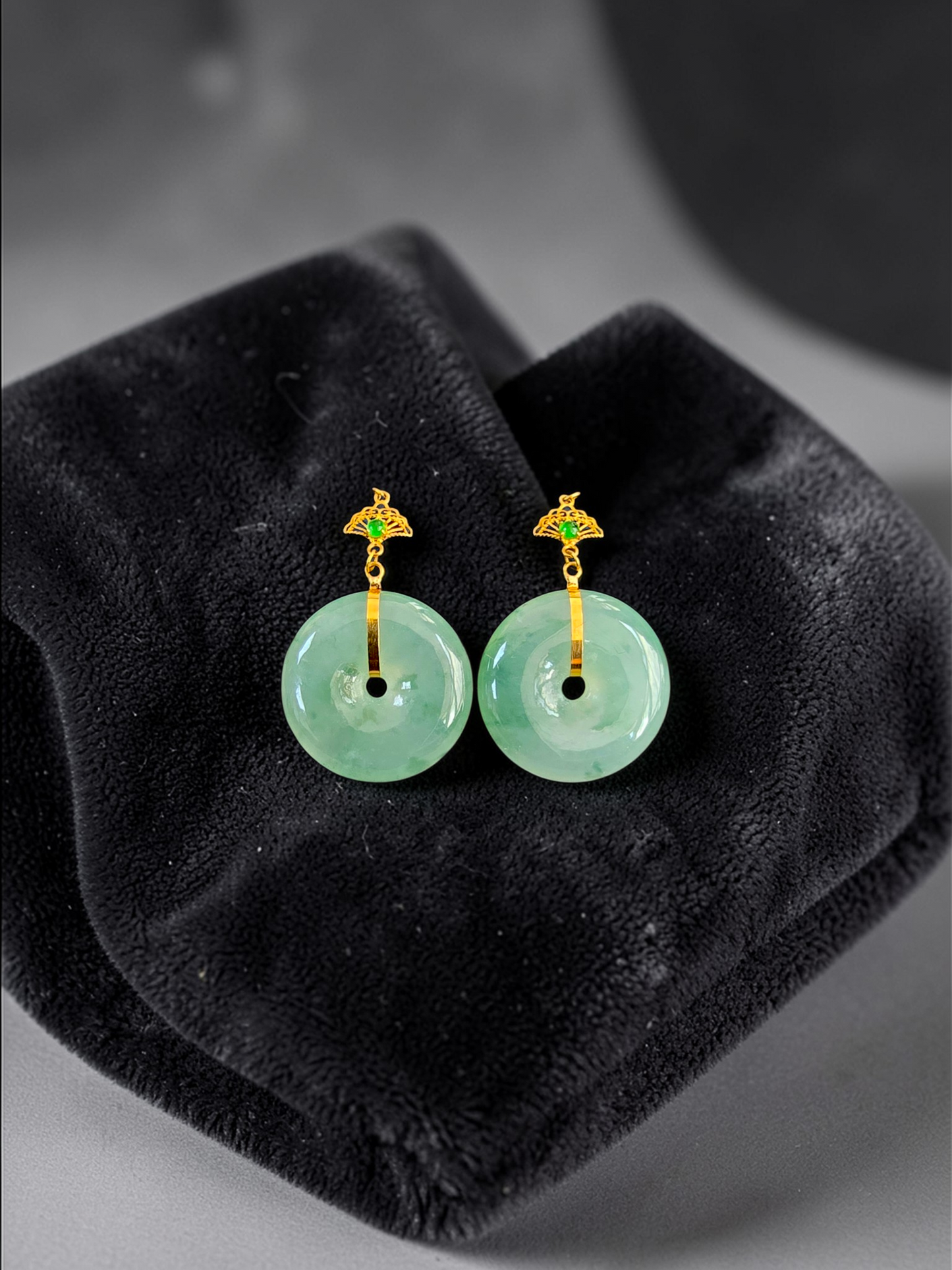 Gamagori Dangling Donut Icy Green Burmese A-Jade French Hook Earrings (with 18K Yellow Gold) - Certified