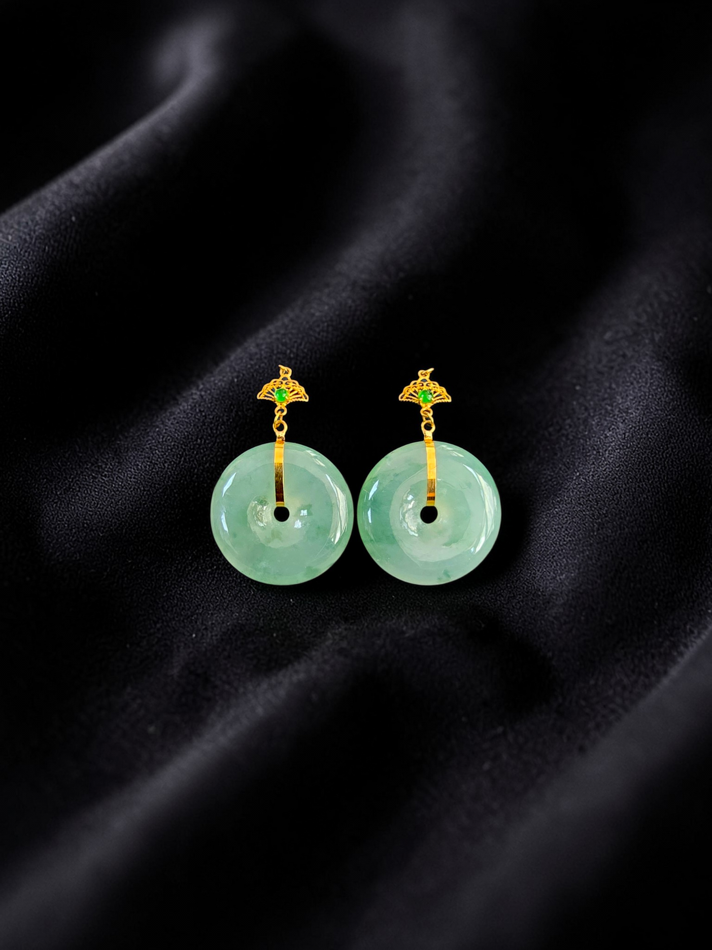 Gamagori Dangling Donut Icy Green Burmese A-Jade French Hook Earrings (with 18K Yellow Gold) - Certified