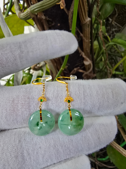 Gamagori Dangling Donut Icy Green Burmese A-Jade French Hook Earrings (with 18K Yellow Gold) - Certified