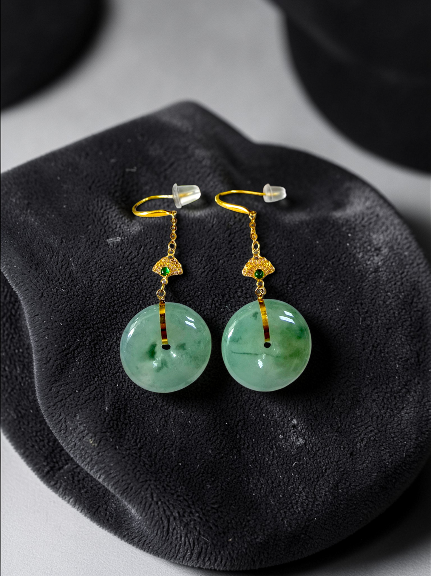 Gamagori Dangling Donut Icy Green Burmese A-Jade French Hook Earrings (with 18K Yellow Gold) - Certified