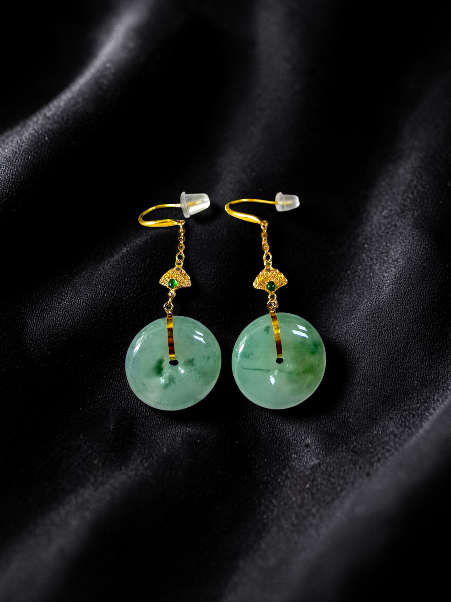 Gamagori Dangling Donut Icy Green Burmese A-Jade French Hook Earrings (with 18K Yellow Gold) - Certified