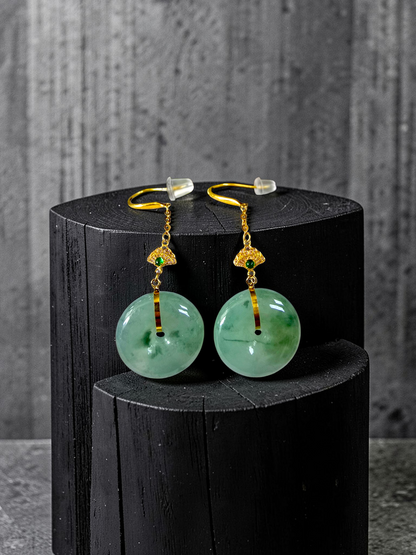 Gamagori Dangling Donut Icy Green Burmese A-Jade French Hook Earrings (with 18K Yellow Gold) - Certified