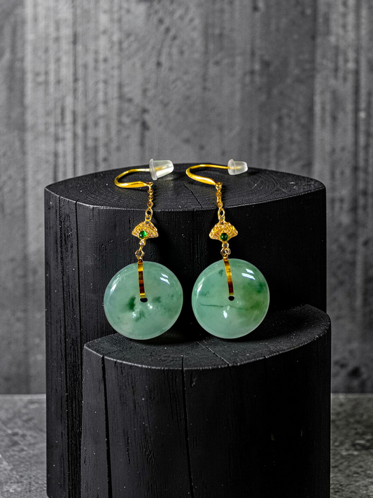 Gamagori Dangling Donut Icy Green Burmese A-Jade French Hook Earrings (with 18K Yellow Gold) - Certified