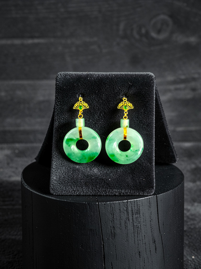 Inuyama Dangling Donut Icy Green Burmese A-Jade French Hook Earrings (with 18K Yellow Gold) - Certified