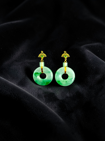 Inuyama Dangling Donut Icy Green Burmese A-Jade French Hook Earrings (with 18K Yellow Gold) - Certified